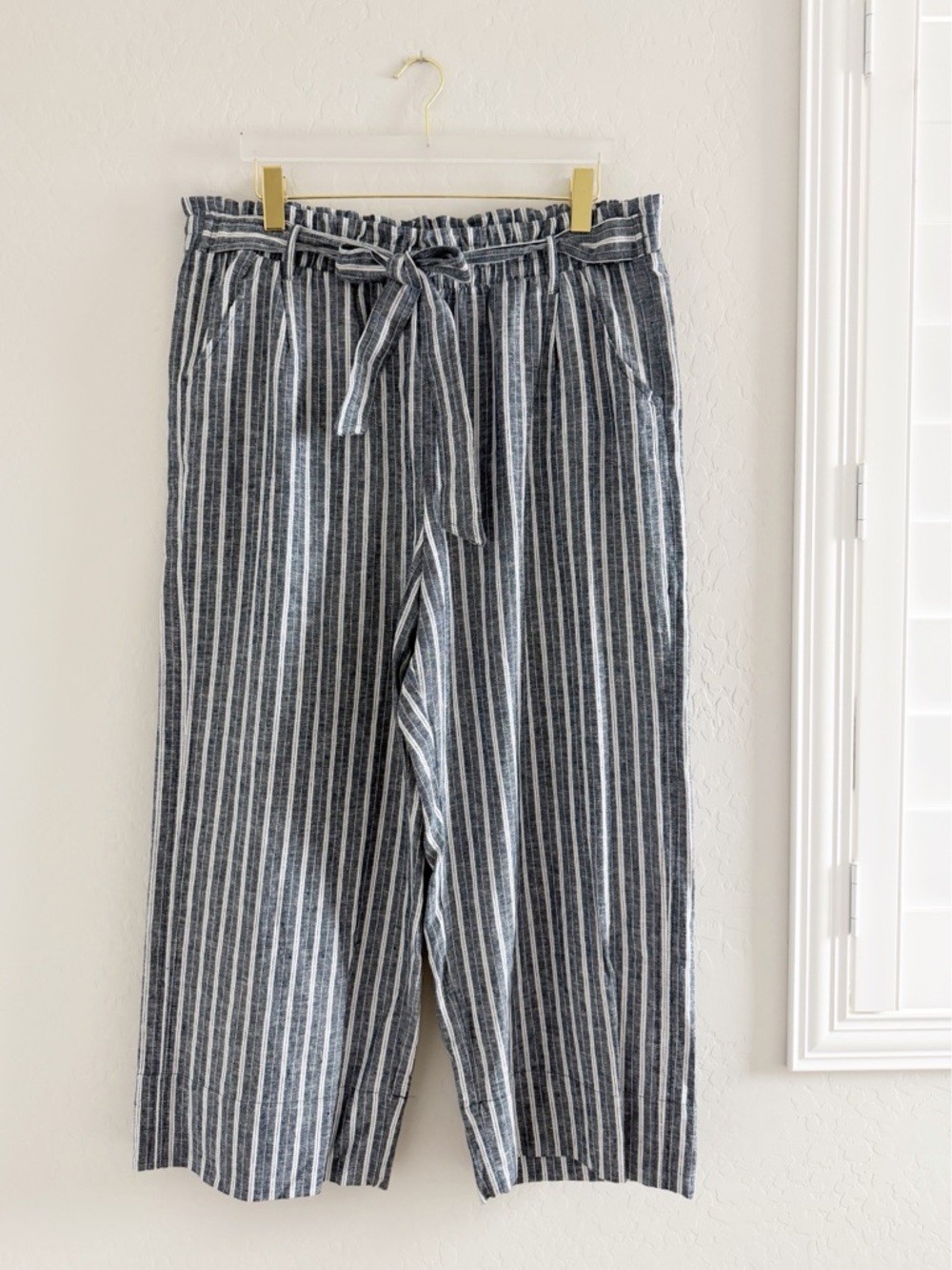 Knox Rose Linen Blend Striped Wide Leg Paper-bag Boho Belted Pants Size XXL - Picture 2 of 7